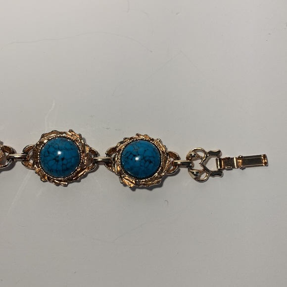 Faux Turquoise Link Bracelet Gold Tone Fold Over Clasp 7โ Bronze/Gold Tone VTG - Picture 7 of 13
